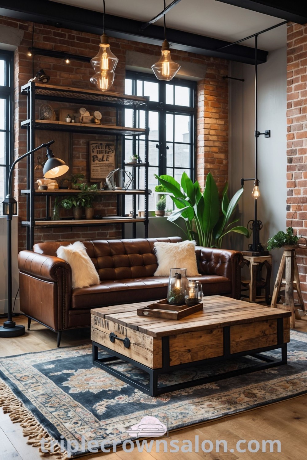 An inviting cozy industrial living room featuring a large brick wall, black metal shelving, and a prominent potted plant. This design exemplifies modern industrial apartment decor, offering inspiring decor ideas for small spaces. Discover unique ideas and trends at triplecrownsalon.com.