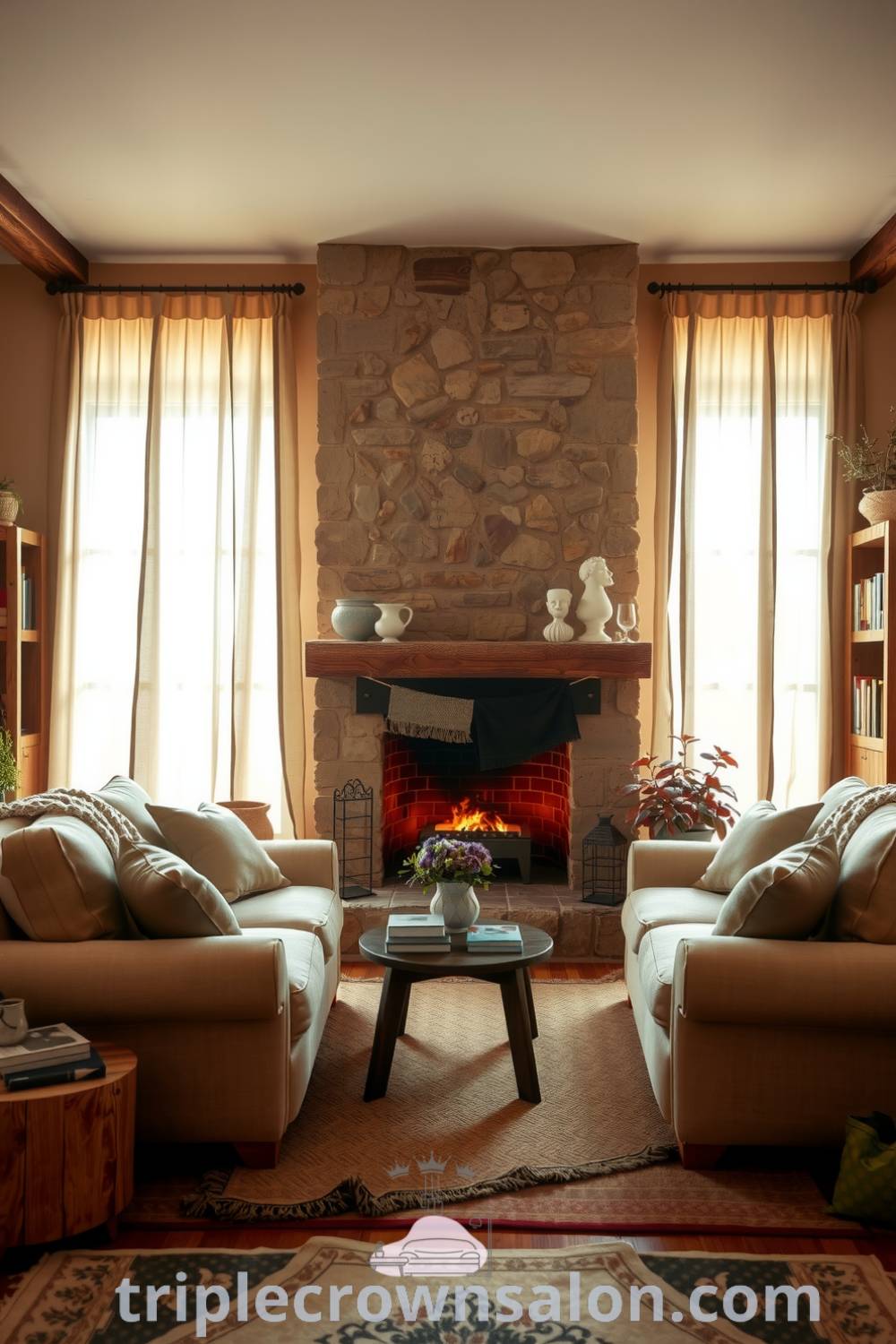 Rustic living room featuring a large stone fireplace, plush beige couches, eclectic decor, potted plants, and warm natural light, creating a cozy aesthetic perfect for relaxation and inviting atmosphere. Visit triplecrownsalon.com for more cozy decor ideas and inspirations.