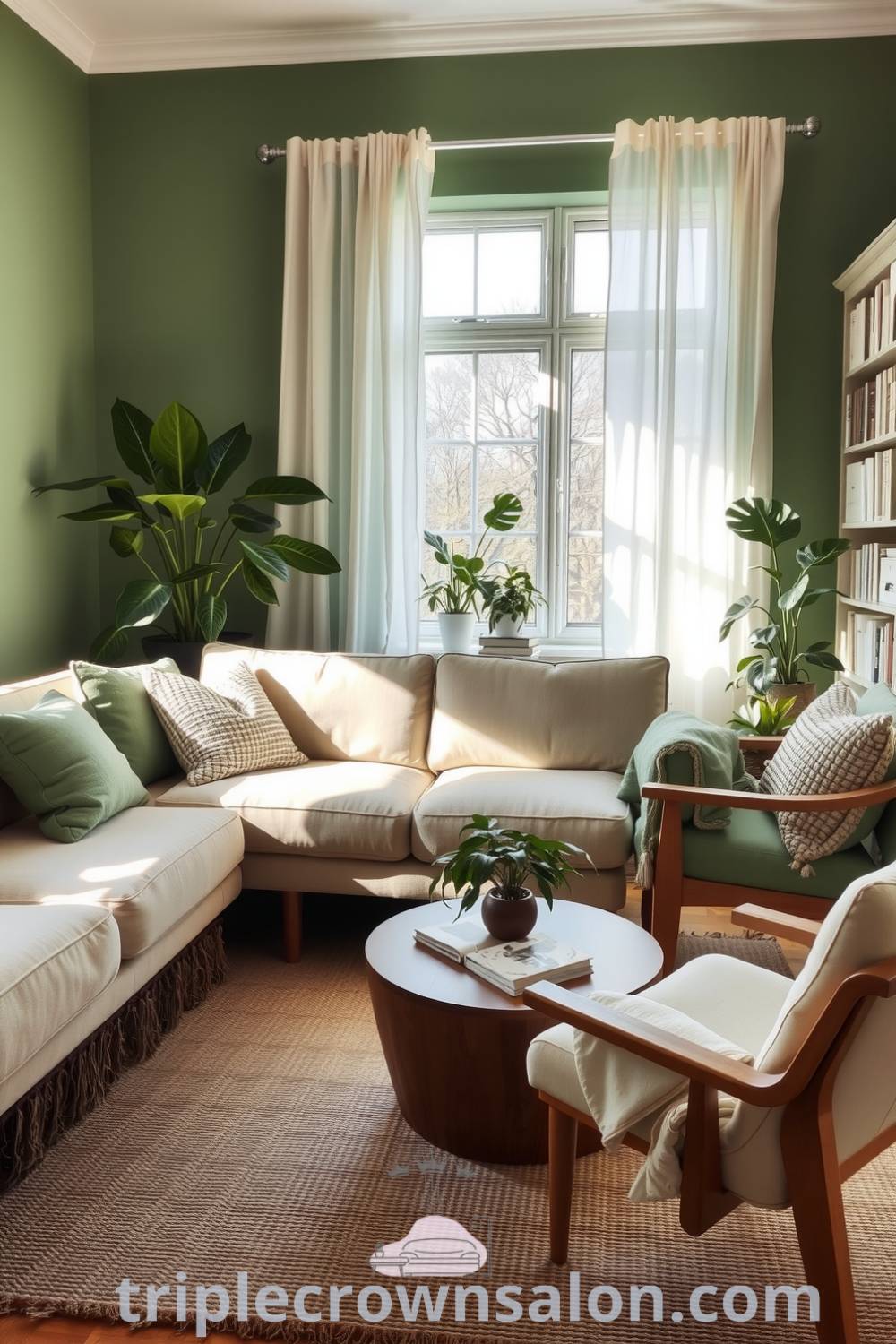 Scandinavian living room featuring soft green tones, a plush light-colored sofa with textured pillows, natural wood accents, indoor plants, and a handwoven rug, creating cozy ideas and inspiring decor inspirations for your home at triplecrownsalon.com.