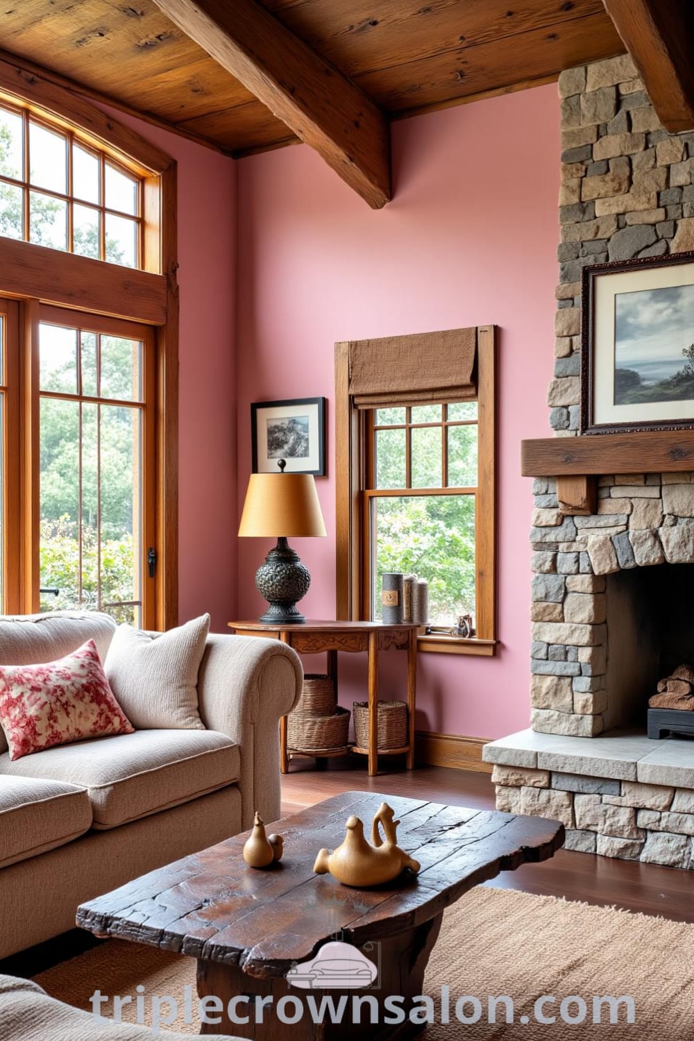 Cozy rustic living room with soft pink tones, overstuffed sofa draped in quilts, hand-carved coffee table, stone fireplace, and framed photographs, creating a warm atmosphere filled with decor inspirations for your home at fireplacesandwoodstoves.com.