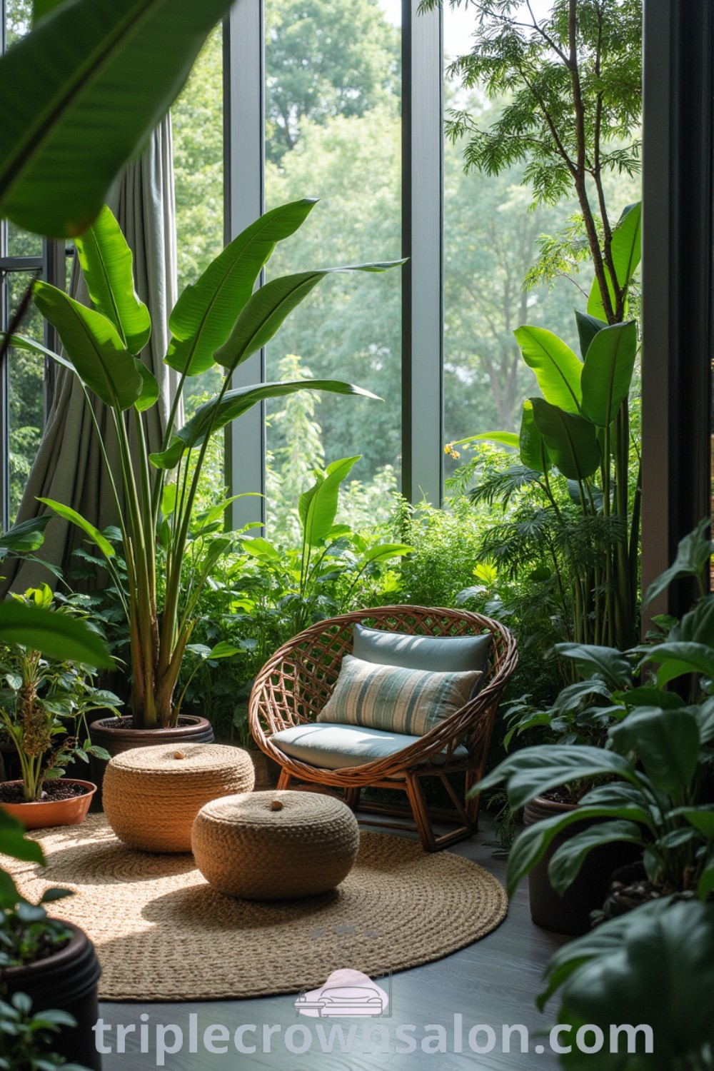 A biophilic interior filled with lots of green plants, potted plants on rugs, creating a cozy home atmosphere. This inspiring decor idea highlights the functional and aesthetic benefits of indoor garden design. Discover unique ideas for your home at triplecrownsalon.com.