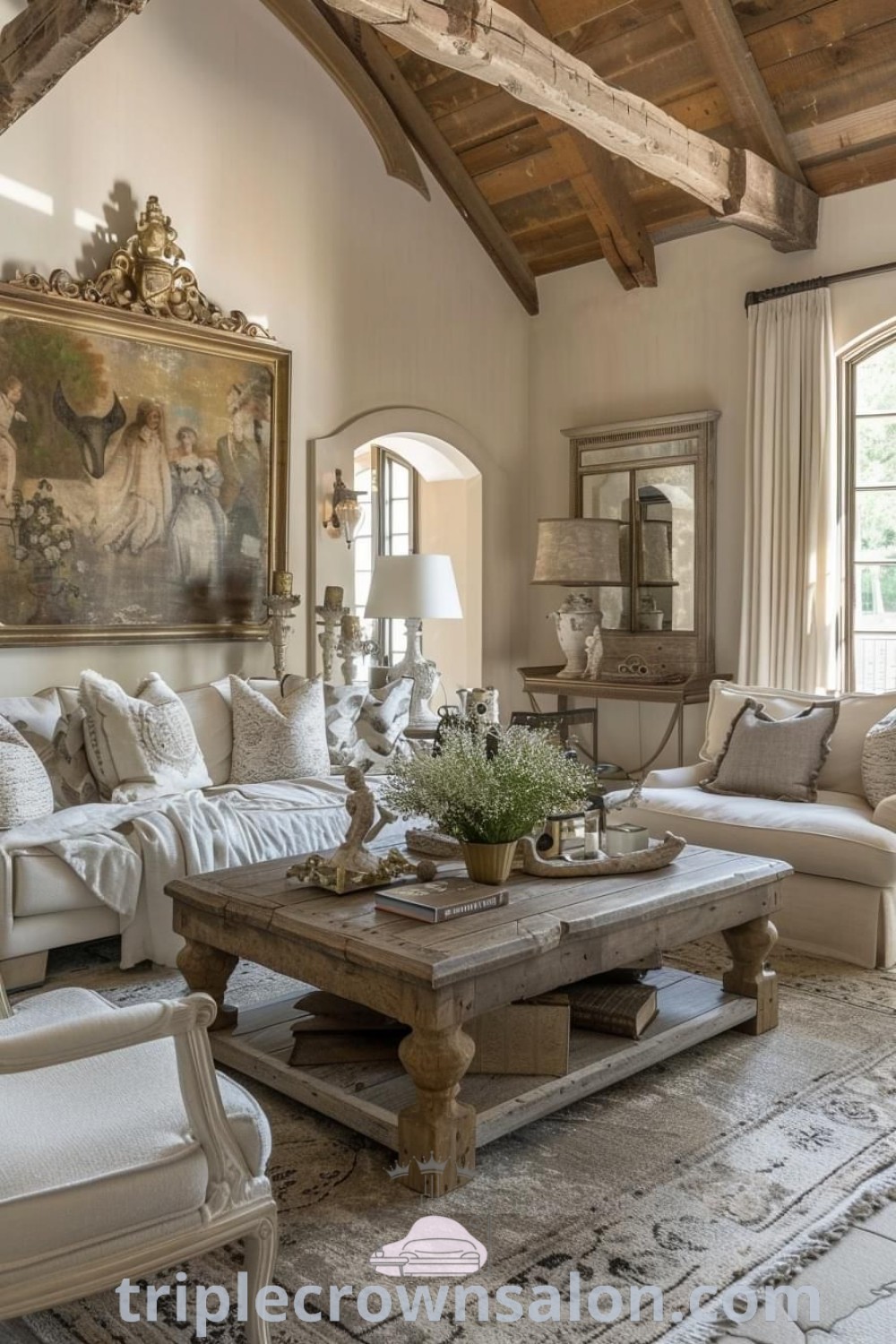 A charming French Country living room filled with cozy furniture and a beautiful painting, illustrating decor inspirations and unique ideas for a farmhouse home design. Discover design tips and inspirations for your home at triplecrownsalon.com.