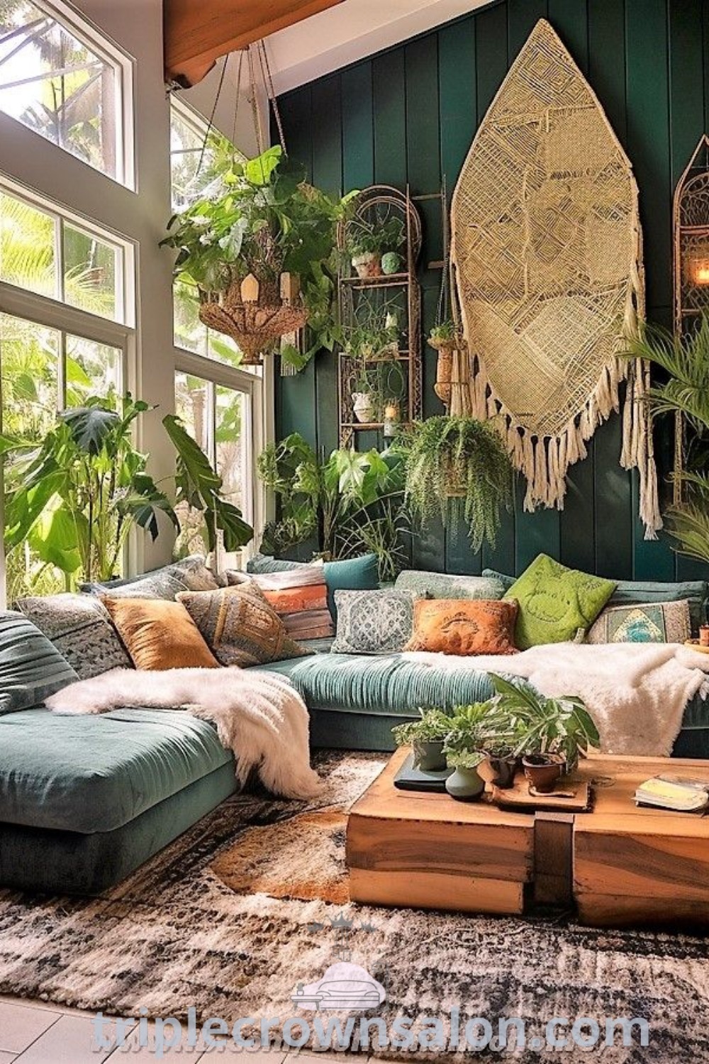 A boho living room overflowing with green plants and wall-mounted potted plants, showcasing a cozy aesthetic with rustic and Scandinavian decor inspirations. Discover unique ideas and design tips for your home at triplecrownsalon.com.