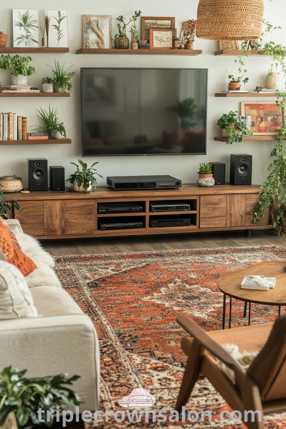 A Boho 70s living room filled with a brown couch, a wooden entertainment center, and stylish decor, creating an earthy, cozy space. Perfect for inspiring unique ideas for your home, this design captures warm aesthetics. Discover more decor ideas at triplecrownsalon.com.