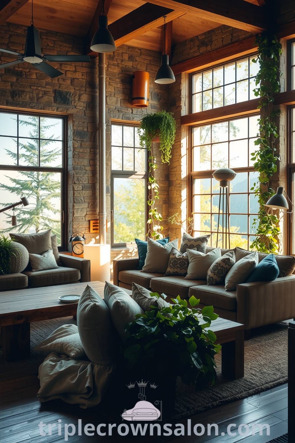 Sunlit nature-inspired living room featuring earthy greens, soft browns, textured stone walls, reclaimed wood furniture, overstuffed cushions, and trailing plants, creating a cozy and serene atmosphere. For cozy ideas and decor inspirations, visit triplecrownsalon.com.