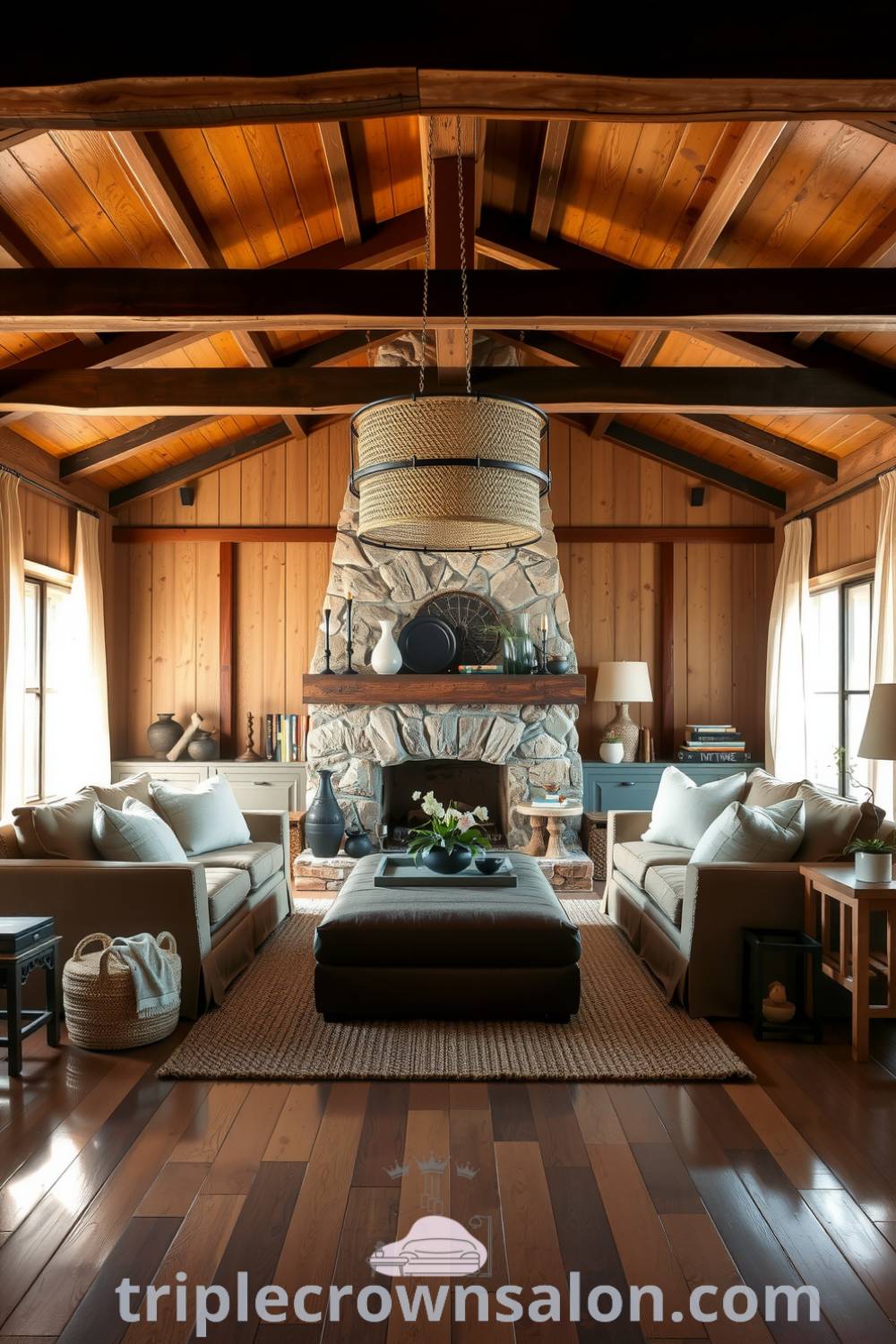 Cozy farmhouse living room featuring worn hardwood floors, exposed wooden beams, a rustic coffee table, a stone fireplace, and soft sunlight filtering through sheer curtains, providing design ideas and inspirations for creating a warm and inviting home atmosphere on triplecrownsalon.com.