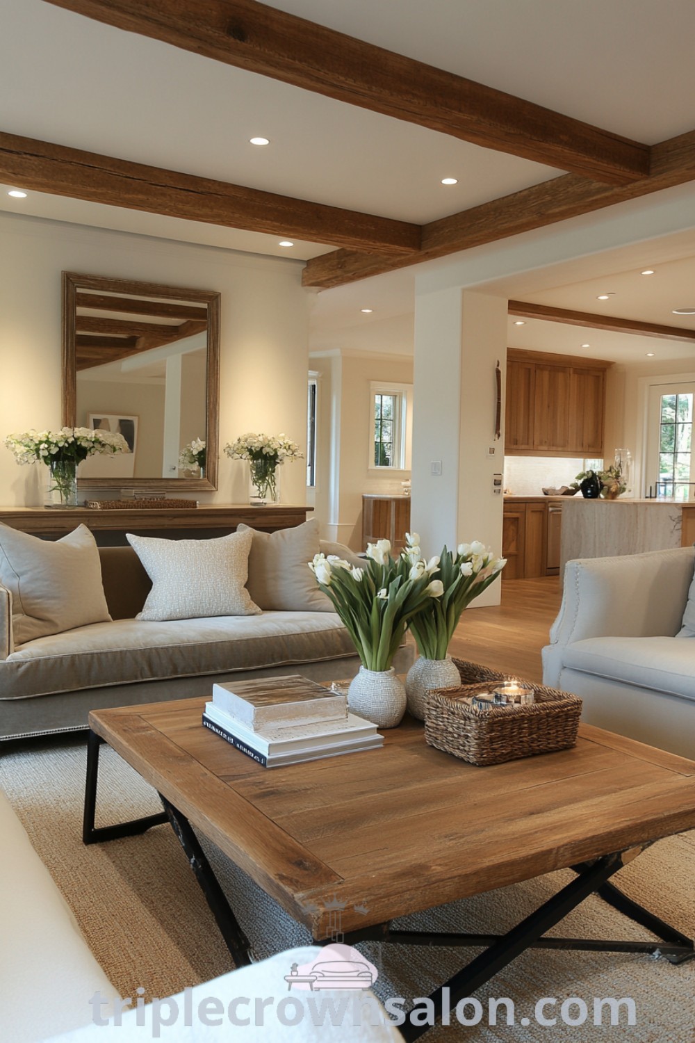 A Tuscan living room filled with furniture, emphasizing a wooden coffee table, neutral earth tones, and rustic decor ideas. This inviting space showcases traditional great room decorating. Discover more unique home design inspirations at triplecrownsalon.com.