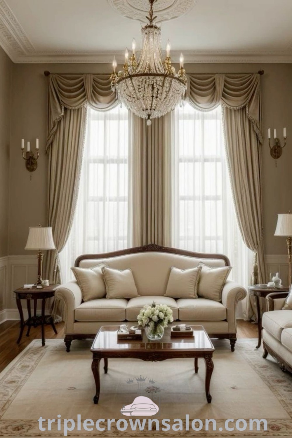 An elegant living room filled with draped curtains, a beautiful chandelier, and a French sofa, showcasing modern English country decor. This space provides inspiring decor ideas, perfect for creating a cozy home atmosphere. For more unique home inspirations, visit triplecrownsalon.com.