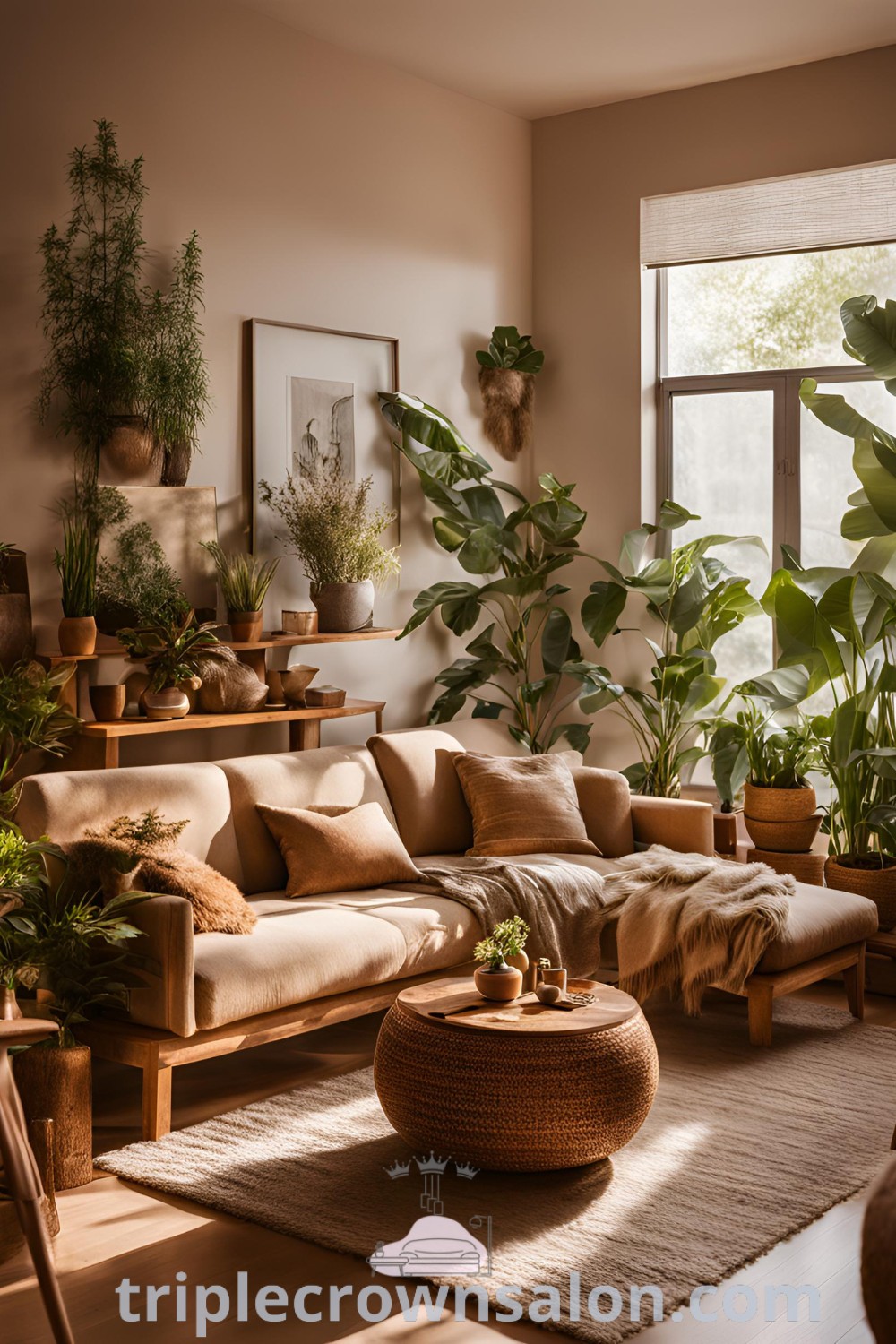 A vibrant living room showcasing lots of potted plants, reflecting an earthy aesthetic with natural interior style. This decor inspires cozy ideas for your home, highlighting plant inspo living rooms and earthy design. Discover more at triplecrownsalon.com.
