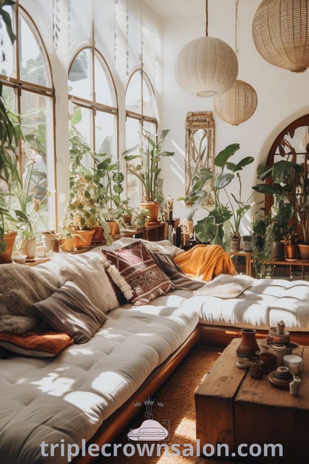 A modern boho living room featuring rustic and airy decor elements, showcasing DIY inspirations and cozy ideas that enhance the aesthetic of the space. Discover unique design trends for your home at triplecrownsalon.com.