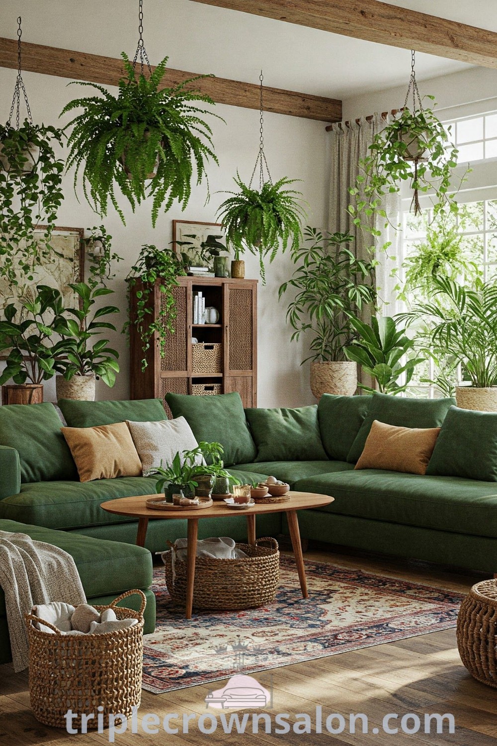 A cozy living room showcasing forest green couches, lush potted plants on top, and a green sectional sofa, providing unique ideas for your home. This decor enhances earthy living room vibes and offers cozy ideas for decorating. Discover more inspirations at triplecrownsalon.com.