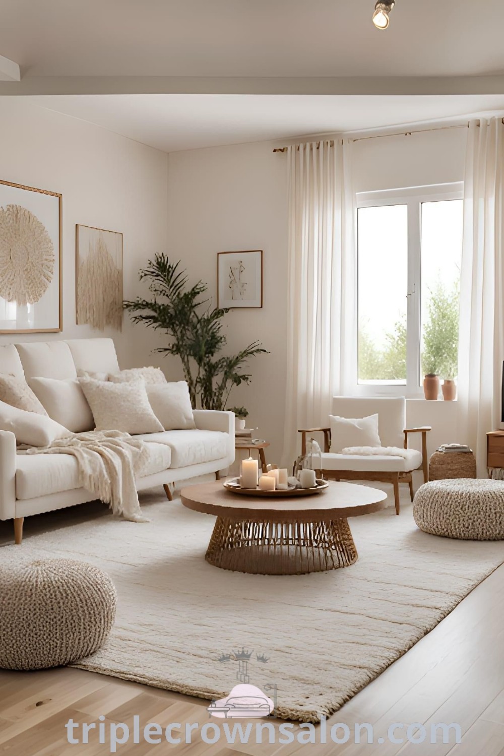 A cozy and inviting living room decorated in white with neutral tones, embodying Scandinavian and vintage styles. This space features beautiful decor inspirations for apartment living and ideas for a cozy home, perfect for holiday celebrations. Discover more design ideas at triplecrownsalon.com.