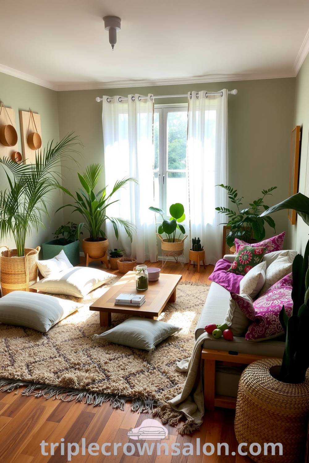 Cozy boho living room showcasing soft green tones, a plush earth-toned rug, mismatched cushions, and tall potted plants, with woven baskets adding warmth and sheer curtains filtering light, offering unique decor ideas for a cozy home at fireplacesandwoodstoves.com.