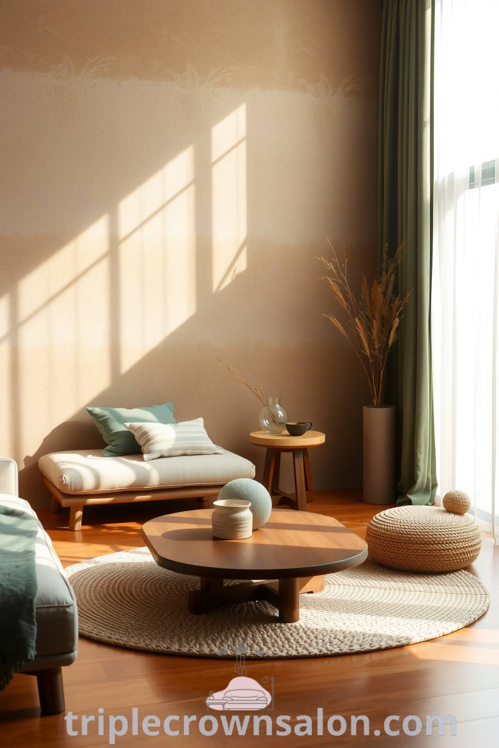 Japandi living room featuring rich brown tones, muted greens, natural light through sheer curtains, a low wooden coffee table on a jute rug, and minimalist decor with organic shapes, providing cozy design ideas for your home at triplecrownsalon.com.