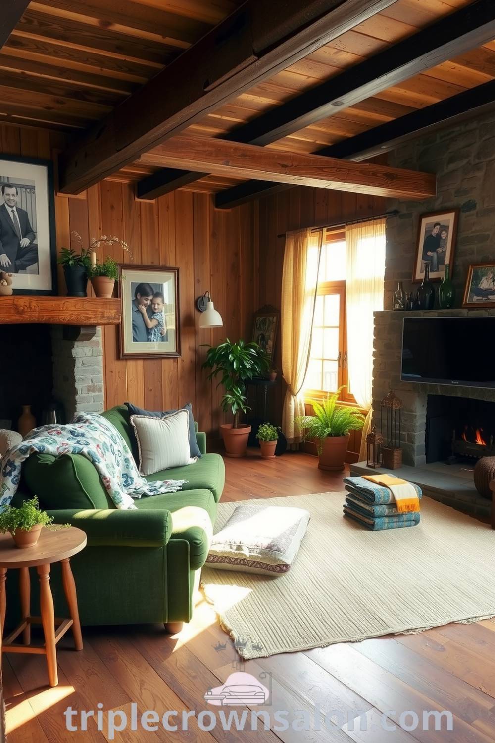 Rustic living room with weathered wooden beams, stone fireplace, and a plush green sofa adorned with handmade quilts, featuring potted plants and warm sunlight filtering through sheer curtains, offering cozy ideas for home design inspirations, fireplacesandwoodstoves.com.