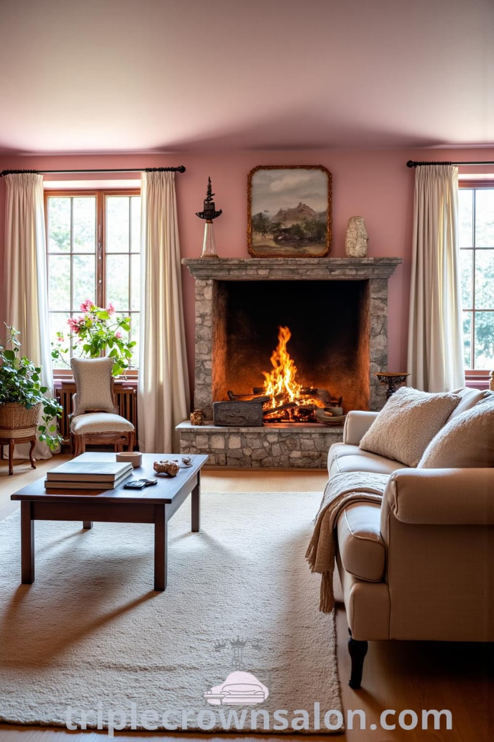 Cozy rustic living room featuring soft pink walls, a stone fireplace, mismatched furniture, and a plush sofa covered with a throw, illuminated by natural light filtering through linen curtains, creating a warm and inviting atmosphere, with decor ideas from fireplacesandwoodstoves.com.