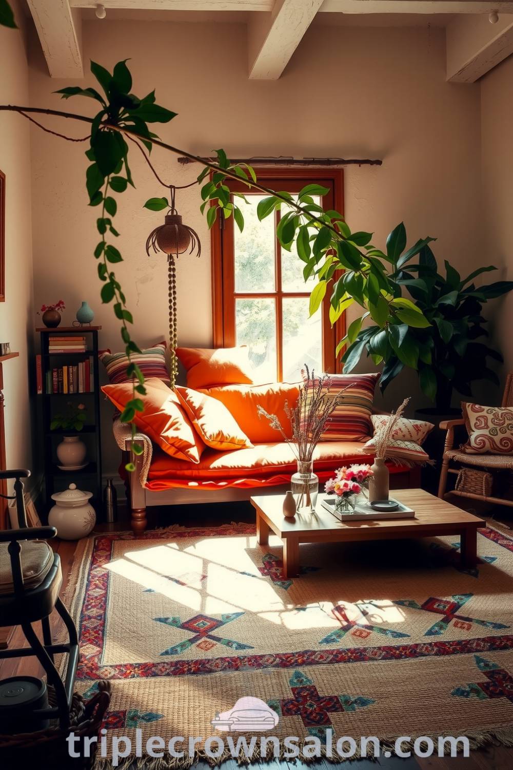 Cozy boho living room with vibrant orange cushions on a wooden sofa, jute rug, dried flowers in vases, and lush plants by a window, showcasing unique decor ideas for a cozy home at fireplacesandwoodstoves.com.