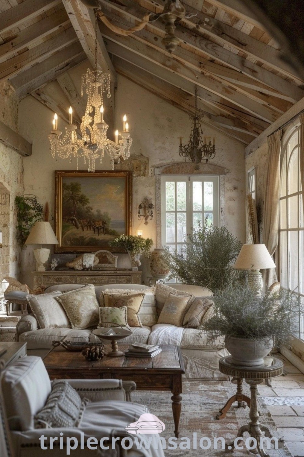 A cozy French Country living room featuring elegant furniture, a chandelier, and decor inspirations that highlight the charm of French farmhouse style. This inviting space offers design tips and unique ideas for your home, showcasing the perfect blend of comfort and beauty. Learn more at triplecrownsalon.com.
