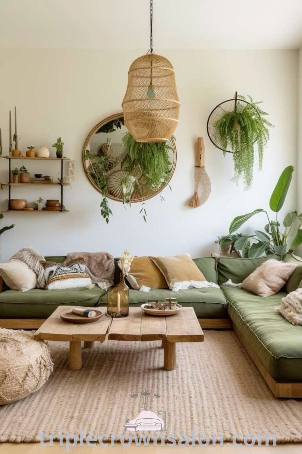 A vibrant living room showcasing green furniture and potted plants, reflecting Scandinavian minimalism and nature-inspired decor ideas. This cozy home design merges lively aesthetics with functional elements, offering unique ideas for enhancing your space. Discover more inspirations at triplecrownsalon.com.