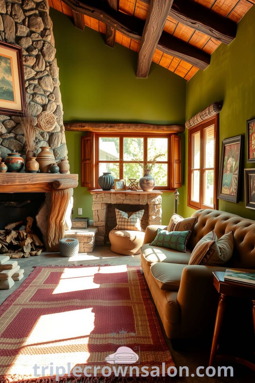 Cozy rustic living room with green tones, stone walls, and wooden beams, showcasing a plush sofa and a crackling fireplace. Decor elements include handmade pottery and dried flowers, creating a warm atmosphere that inspires unique ideas for your home at fireplacesandwoodstoves.com.