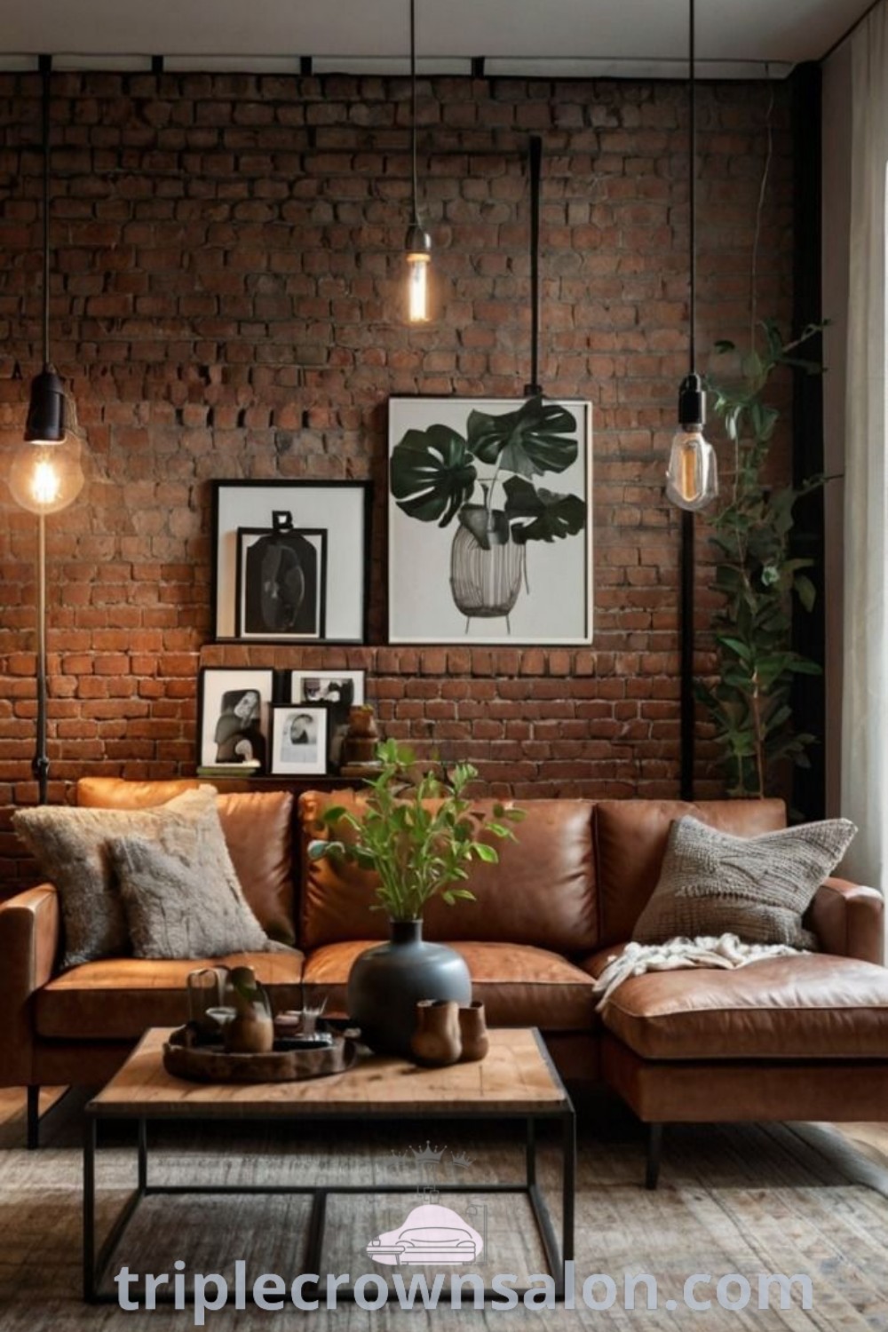 An urban style living room with brick walls and leather couches, showcasing a cozy aesthetic with a coffee table and pictures on the wall. This design offers cozy home inspirations and decor ideas for small spaces at triplecrownsalon.com.