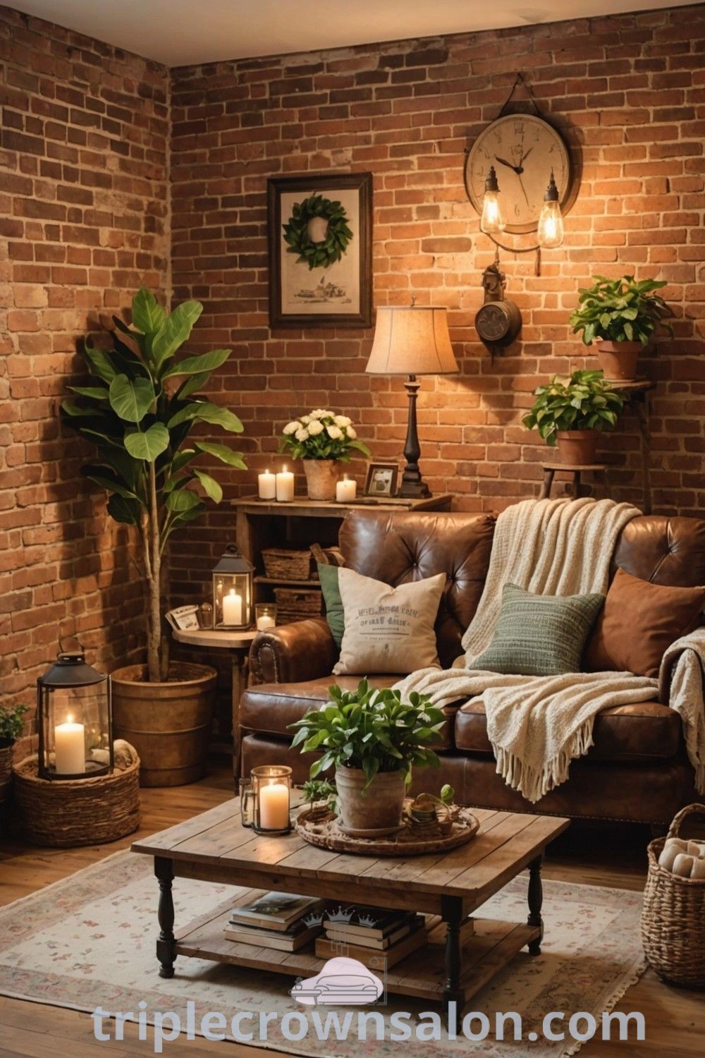 A cozy living room featuring brick walls and leather furniture, showcasing country snug room ideas and rustic traditional living room elements. This decor provides unique ideas for a farmhouse lounge and invites warmth to your cozy home. Explore more inspirations at triplecrownsalon.com.