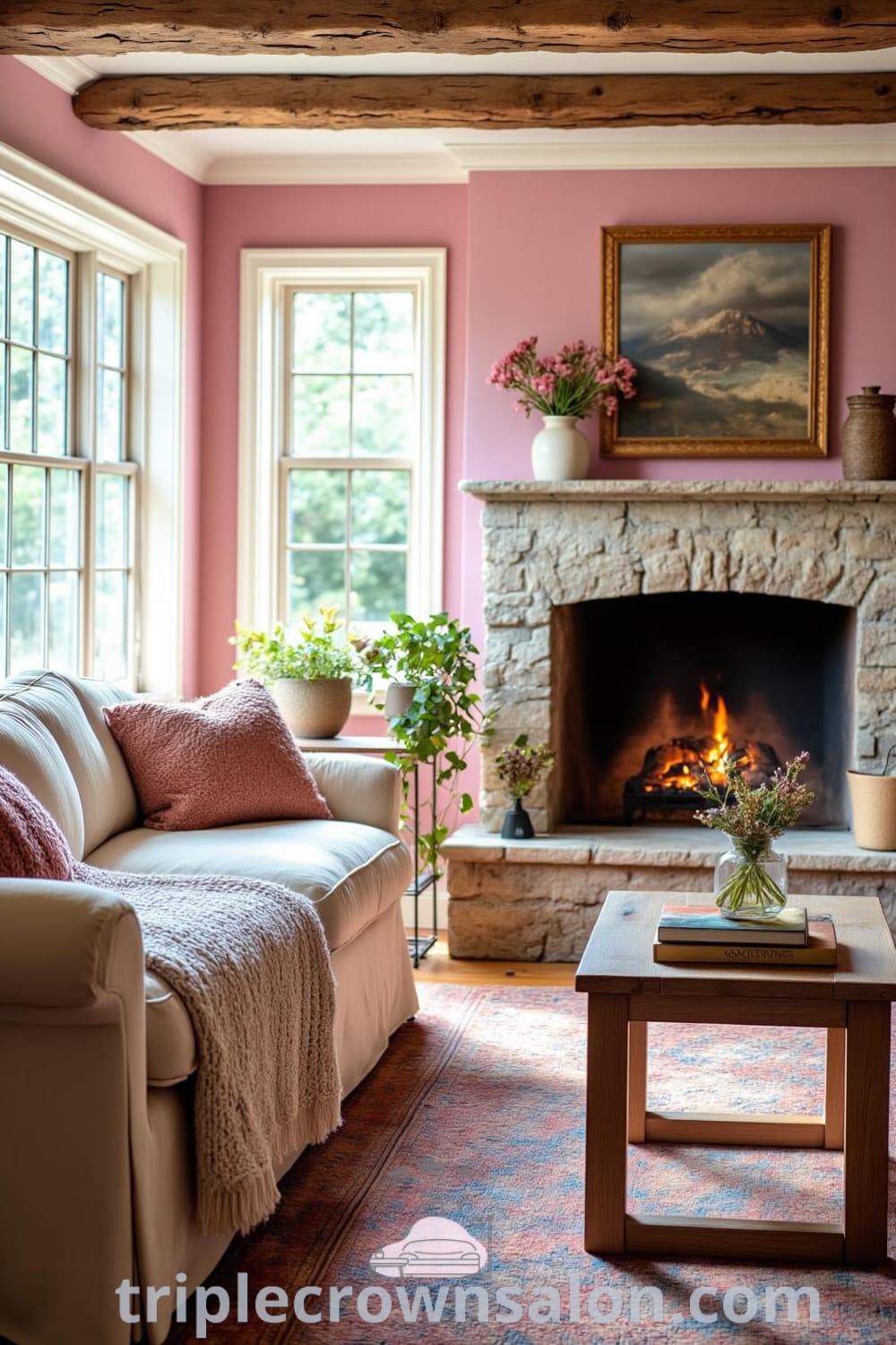 A cozy living room with soft pink walls, wooden furniture, a stone fireplace, and a reclaimed wood coffee table adorned with books and wildflowers, creating a warm and inviting home atmosphere featuring cozy ideas and decor inspirations from fireplacesandwoodstoves.com.