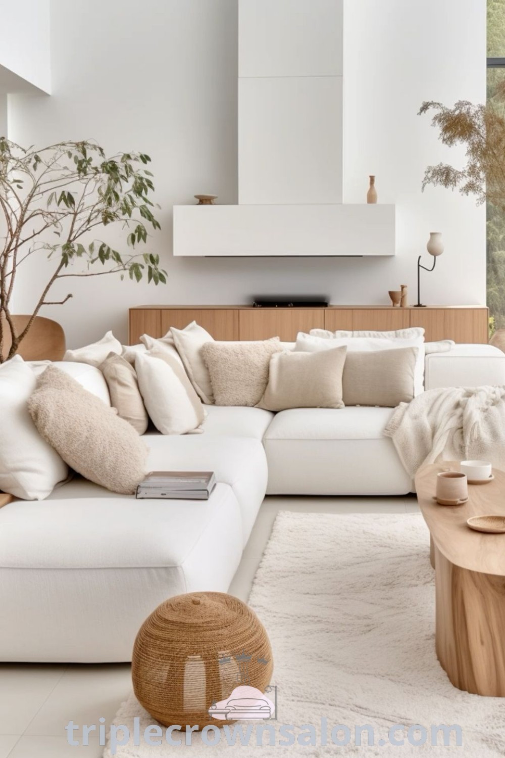 A cozy Japandi open plan living room featuring lots of white furniture, including a stylish Japandi couch, designed for comfort and relaxation. This decor captures the essence of Japandi style with minimalistic aesthetics, offering unique inspiration for your home. Learn more about decor ideas at triplecrownsalon.com.
