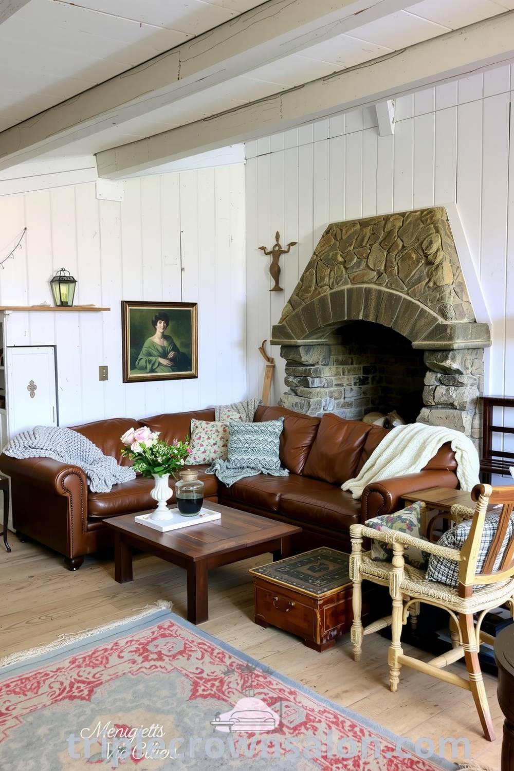 Rustic living room with whitewashed wooden walls, exposed beams, a leather sofa with hand-knitted throws, a cozy stone fireplace, and vintage decor like a weathered coffee table and mismatched chairs, illustrating cozy ideas and design inspirations for your home. Visit triplecrownsalon.com for more design tips.