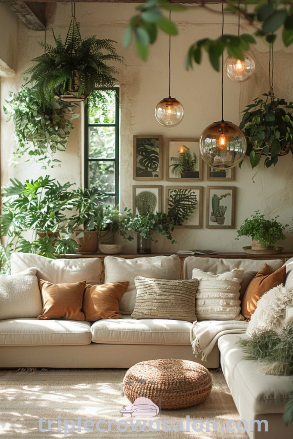 A cozy Boho minimalist living room featuring ample plants, stylish furniture, and serene decor inspirations for a clean, inviting aesthetic. Emphasizing unique ideas and design trends, this space provides decor ideas for small spaces. Find more inspiring home design ideas at triplecrownsalon.com.