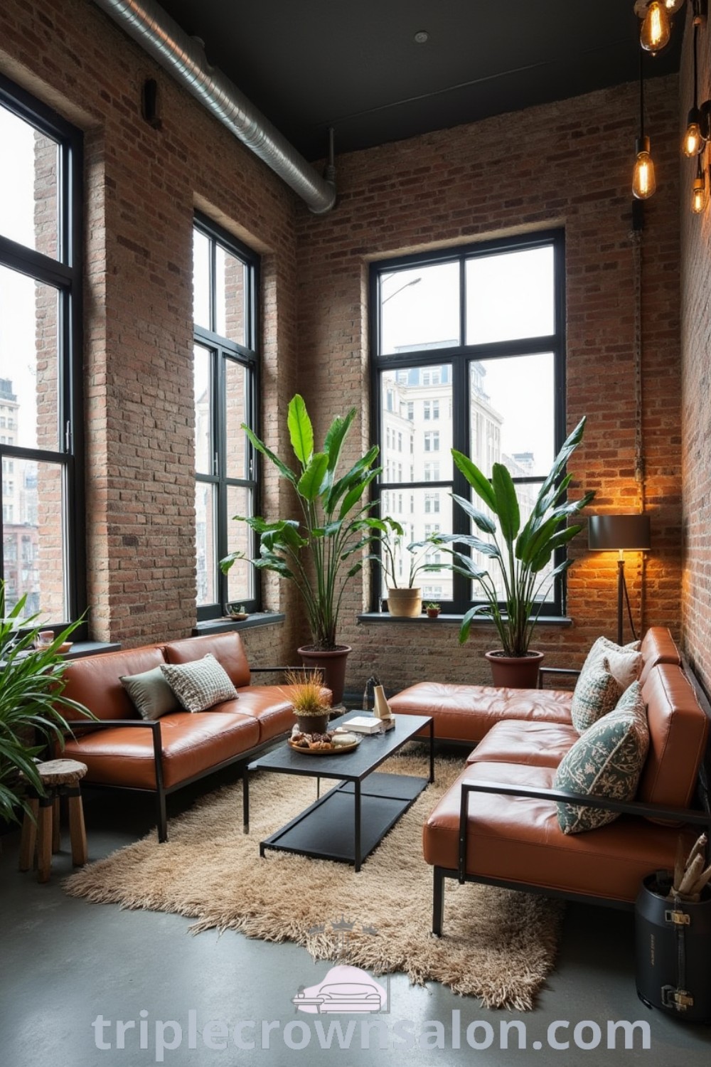 An inspiring feminine industrial living room with exposed brick walls, plenty of windows, and lush plants, showcasing cozy decor ideas and design inspirations for small spaces. Enjoy unique, urban aesthetics and decor ideas at triplecrownsalon.com.