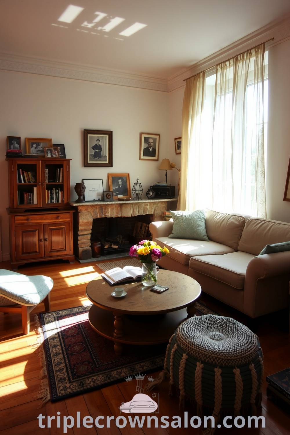 Cozy French living room with soft, muted colors, sheer curtains, vintage photographs, a worn couch, stone fireplace, round wooden coffee table with fresh flowers, and a knotted rug, creating an inspiring and tranquil atmosphere for home decor ideas. For more inspiring ideas for your home, visit triplecrownsalon.com.