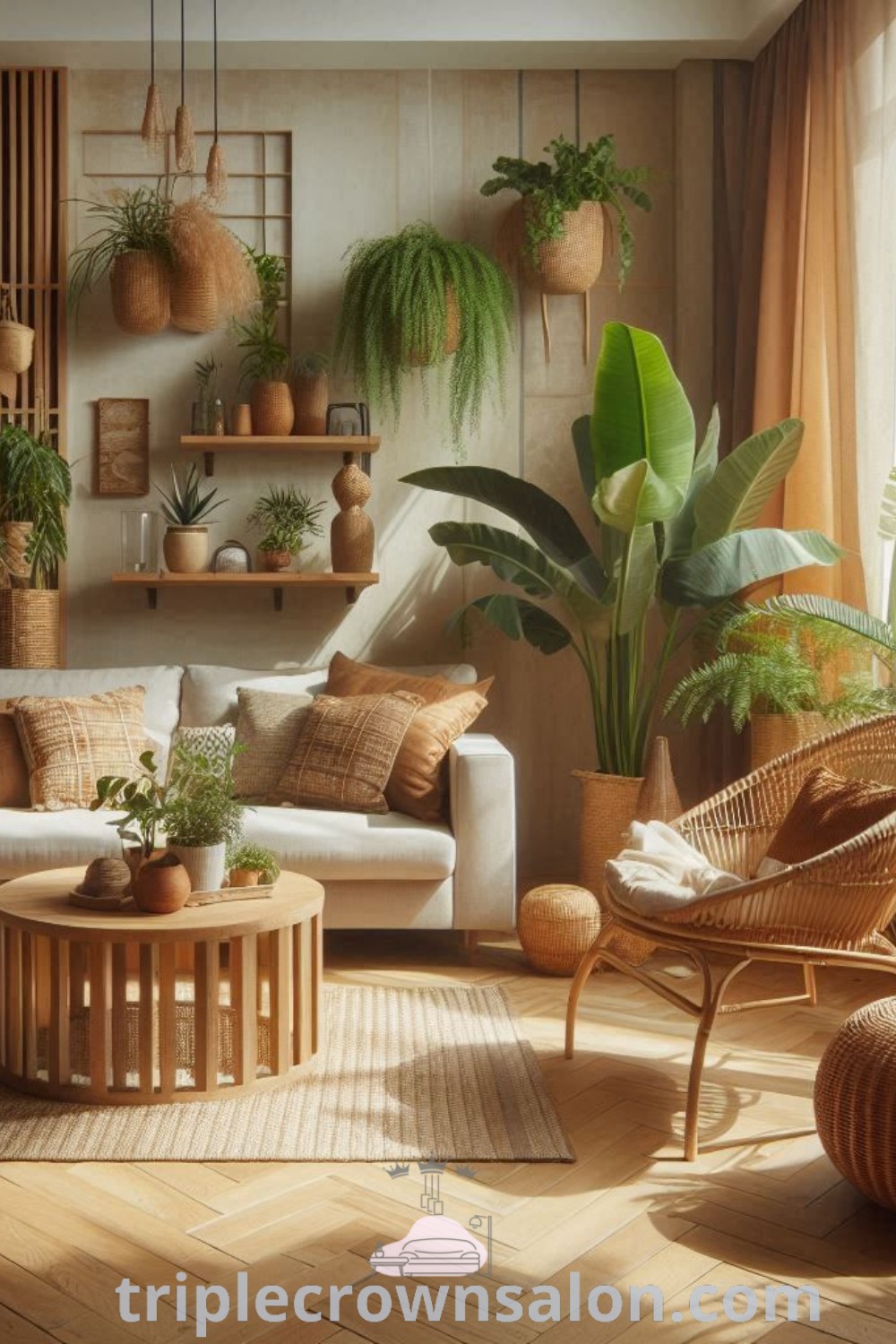A cozy living room featuring abundant plants and stylish furniture, showcasing beige and green decor elements, perfect for a tranquil apartment ambiance. This space combines cozy ideas with unique design inspirations. Explore more inspiring decor ideas at triplecrownsalon.com.