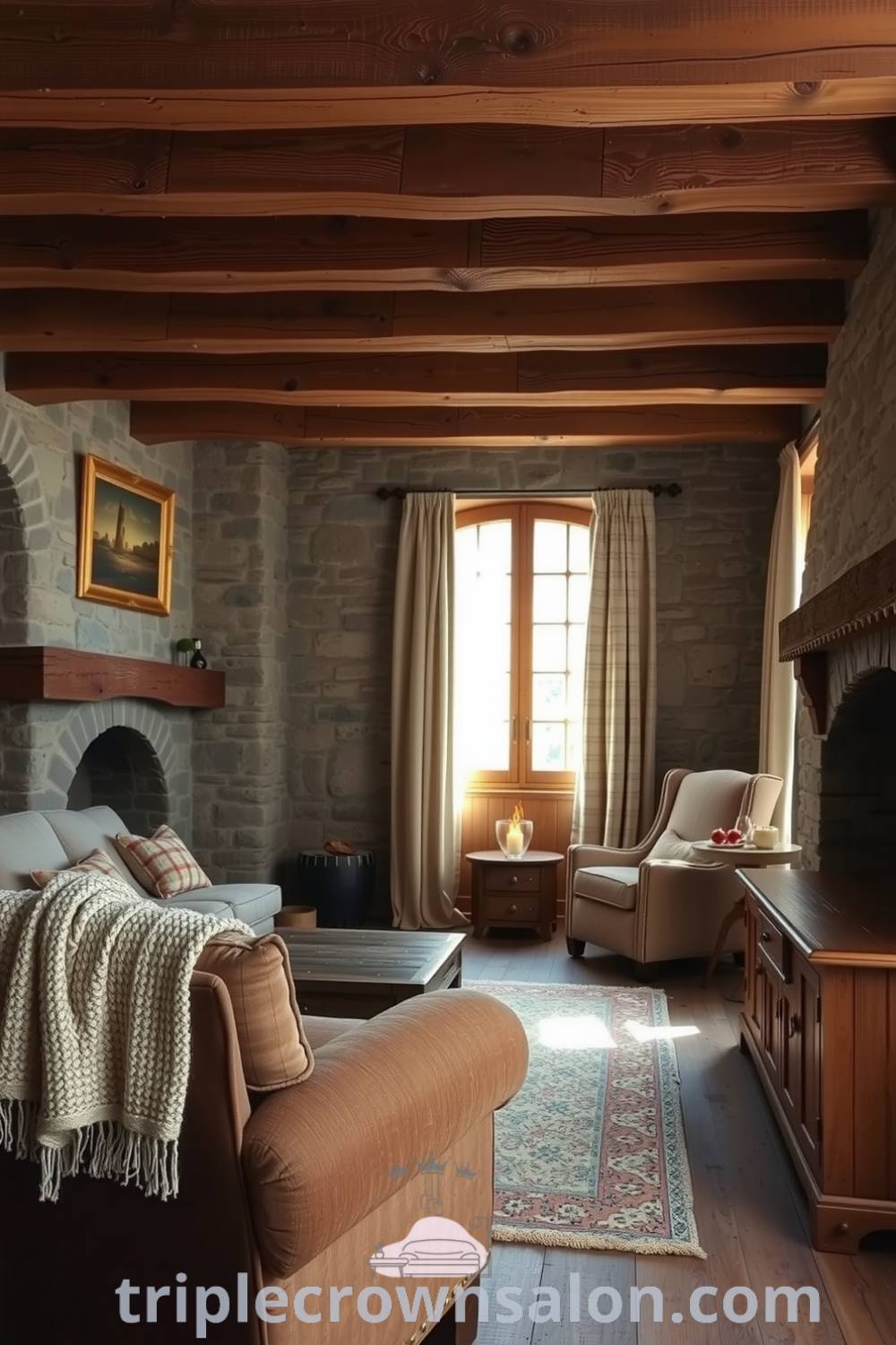 Rustic living room featuring grey stone walls, wooden furniture with visible character, a plush armchair with a woven throw, and natural light filtering through sheer curtains, creating a cozy and inviting atmosphere. Visit triplecrownsalon.com for inspiring decor ideas for your home.