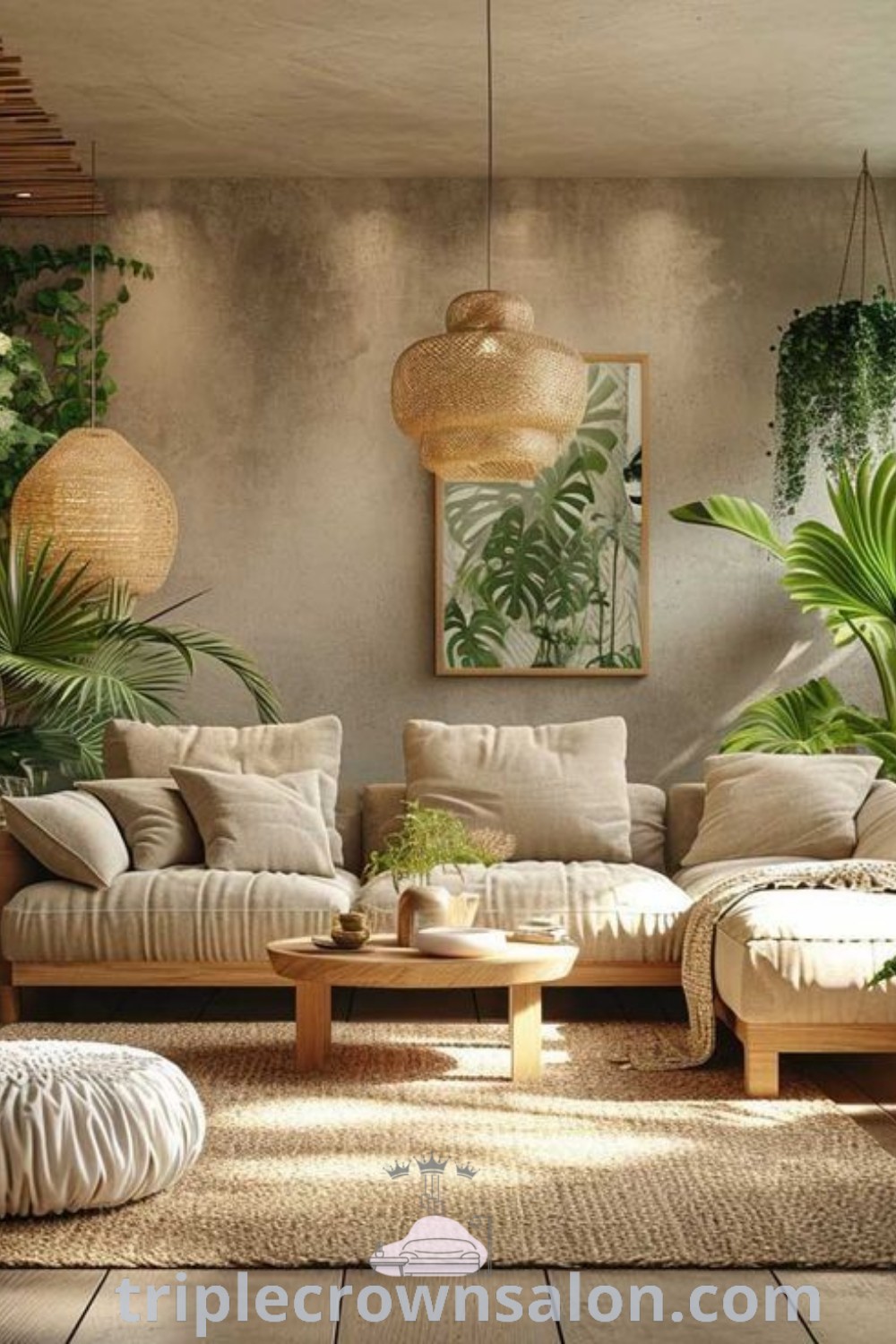 A biophilic living room featuring an abundance of plants, colorful tropical furniture, and boho decor, creating an inspiring and cozy home environment. This design showcases ideas for small spaces, enhancing both style and comfort. Explore more decor inspirations at triplecrownsalon.com.