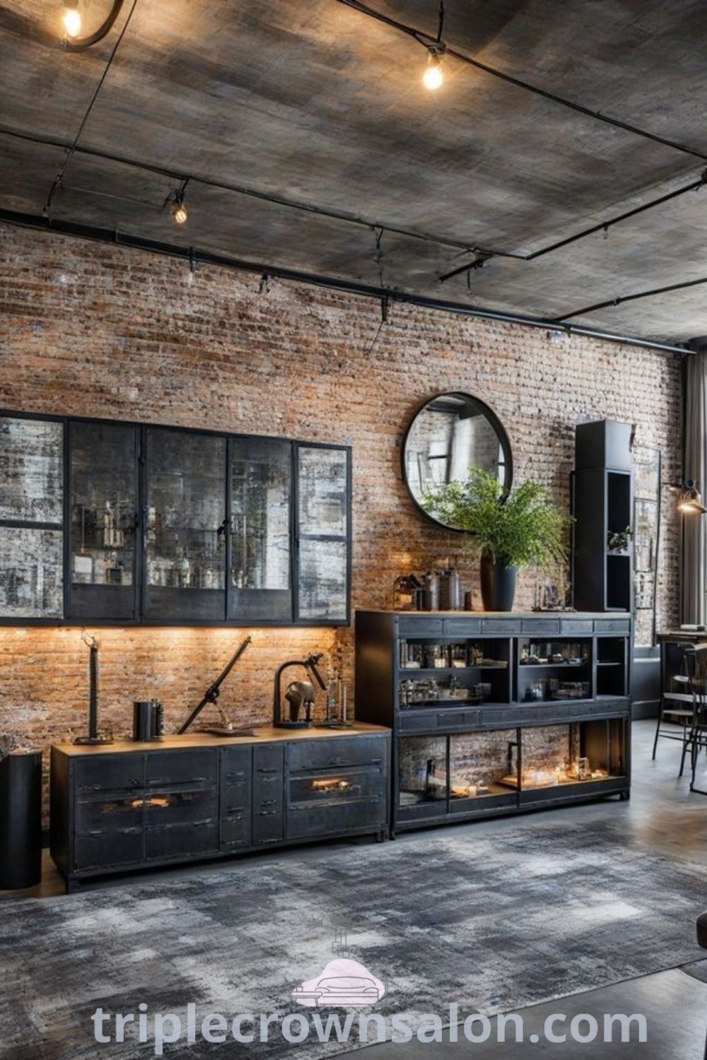 An industrial-style living room featuring brick walls, exposed ceilings, black furniture, and large windows, showcasing cozy decor ideas and inspiring design tips for modern homes. Discover unique ideas for your cozy home at triplecrownsalon.com.