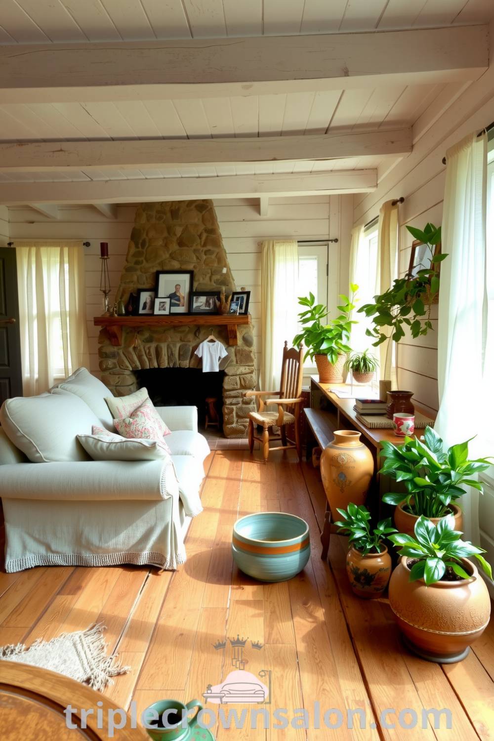 Rustic living room featuring soft couch, stone fireplace, and white-washed wooden walls, with artisanal pottery and green plants, embodying cozy home design ideas and inspirations from fireplacesandwoodstoves.com.