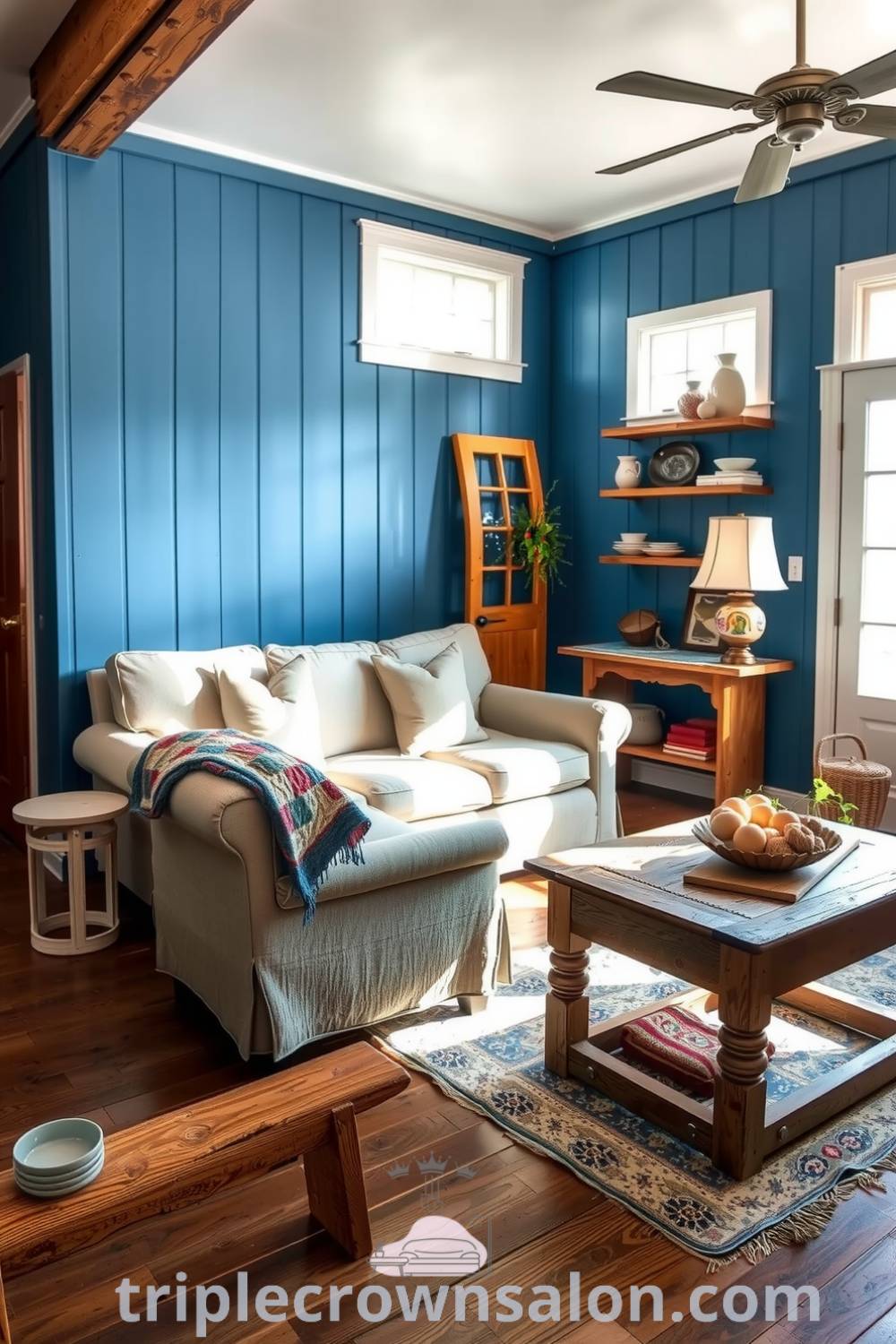 Blue farmhouse living room featuring a soft linen sofa, weathered wooden floorboards, a cozy armchair with a quilt, reclaimed wood coffee table, and handmade pottery decor, creating a cozy and inviting atmosphere perfect for intimate gatherings. Visit triplecrownsalon.com for cozy home decor ideas and inspirations.