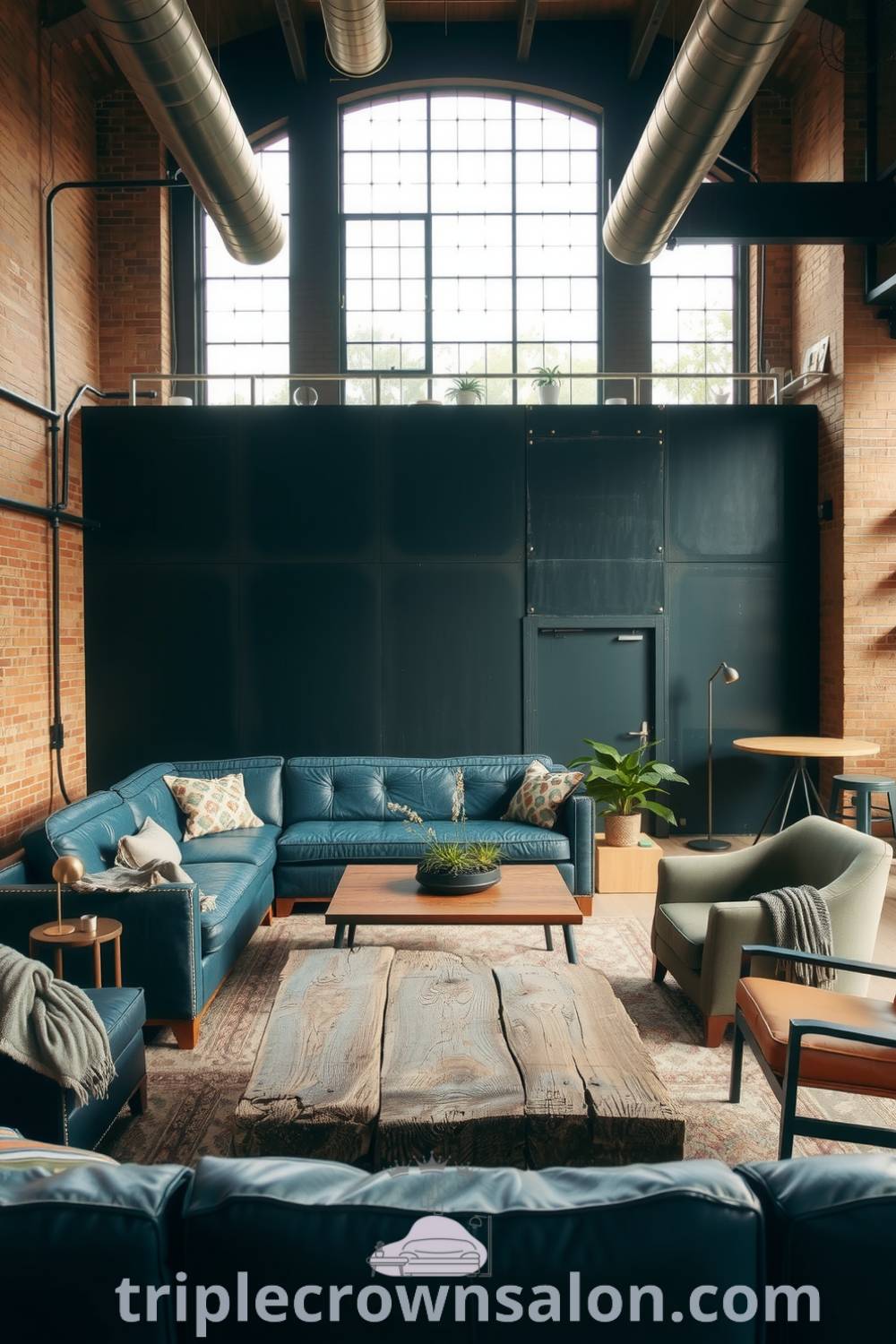 Industrial living room featuring a large deep blue leather sofa, exposed brick walls, metal pipes, a rustic wooden coffee table, and mismatched chairs, creating a cozy aesthetic and unique design ideas for your home, inspiring decor inspirations from triplecrownsalon.com.