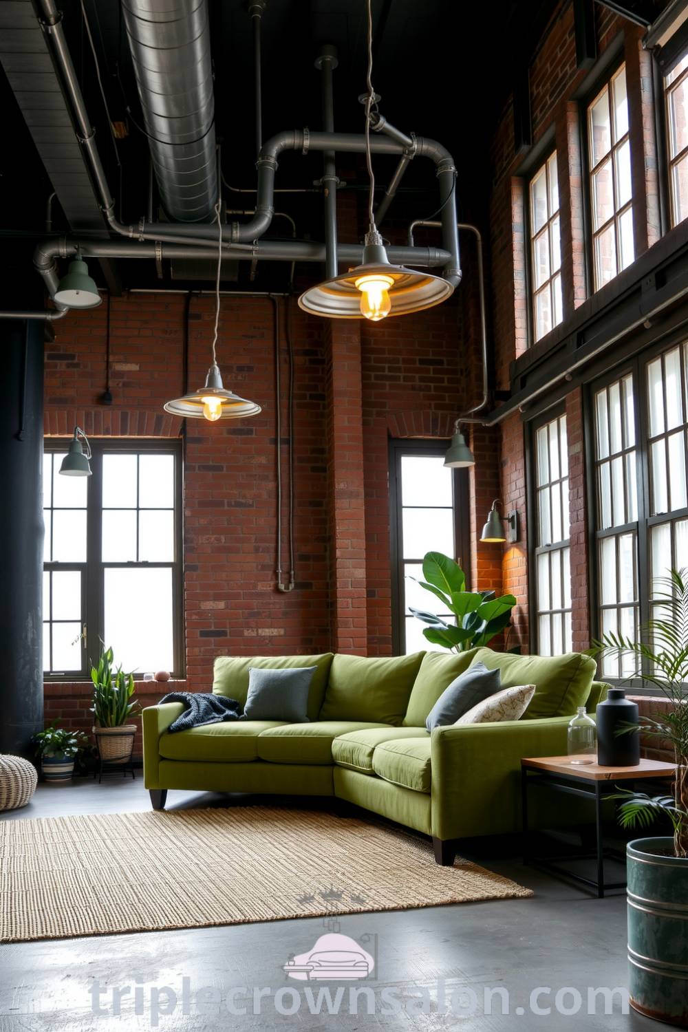 Industrial living room with exposed brick walls, reclaimed wood accents, a large green sofa, metal light fixtures, a woven area rug, and potted plants, showcasing cozy design ideas for your home at triplecrownsalon.com.