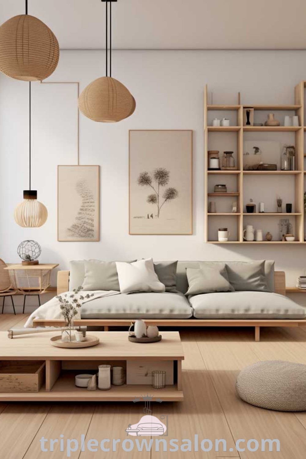 A serene Japandi-inspired living room showcasing natural wood flooring, a stylish bookcase, and contemporary chairs for a cozy aesthetic. This decor highlights functional design ideas and unique inspirations for affordable room decor. Explore more at triplecrownsalon.com.