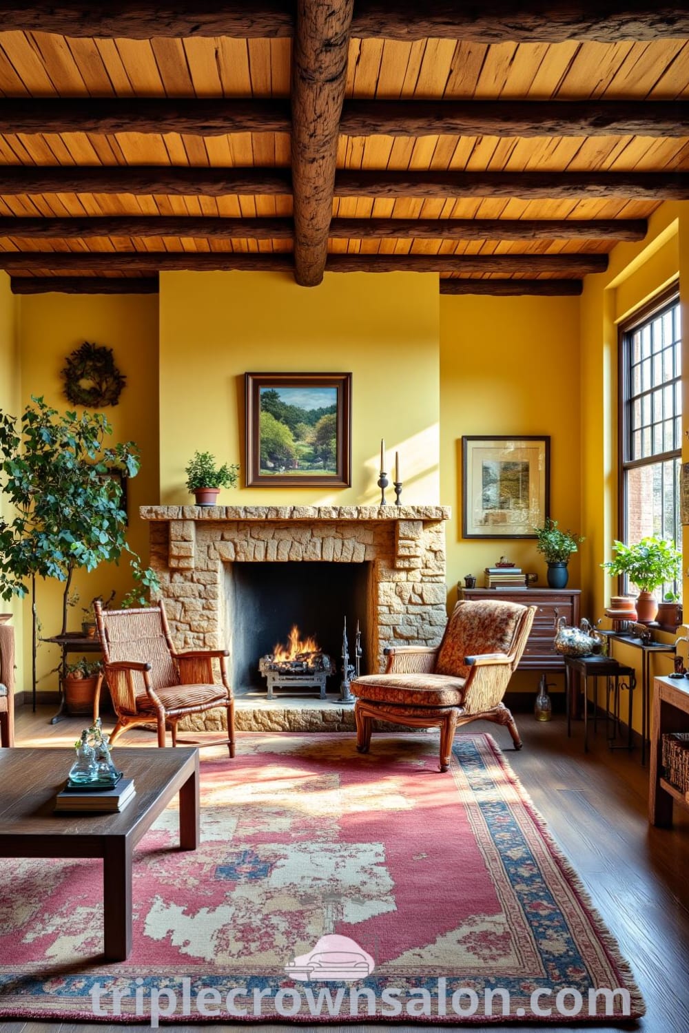 Cozy rustic living room featuring sun-drenched yellow walls, a patchwork rug, mismatched chairs, a textured stone fireplace, and potted plants, presenting warm decor ideas and inspirations for a cozy home from fireplacesandwoodstoves.com.