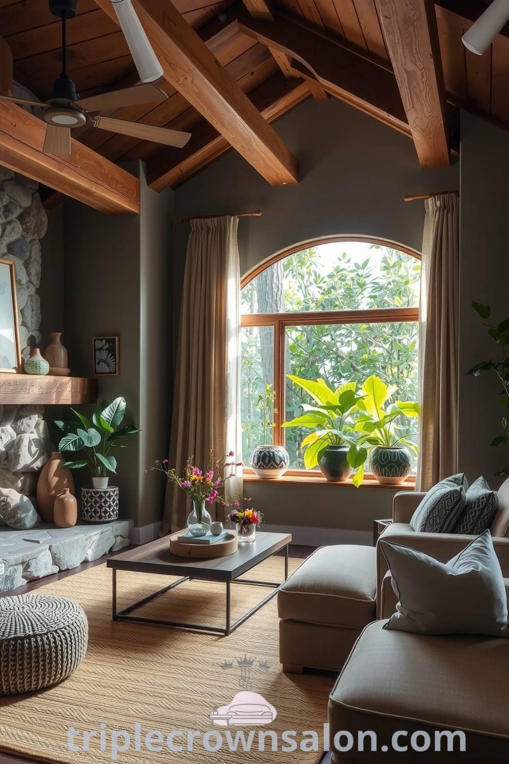Nature-inspired living room featuring earthy tones, smooth river stones for a rustic fireplace, reclaimed wood beams, a bay window with houseplants, and cozy woven rugs, offering decor ideas for a cozy home at triplecrownsalon.com.