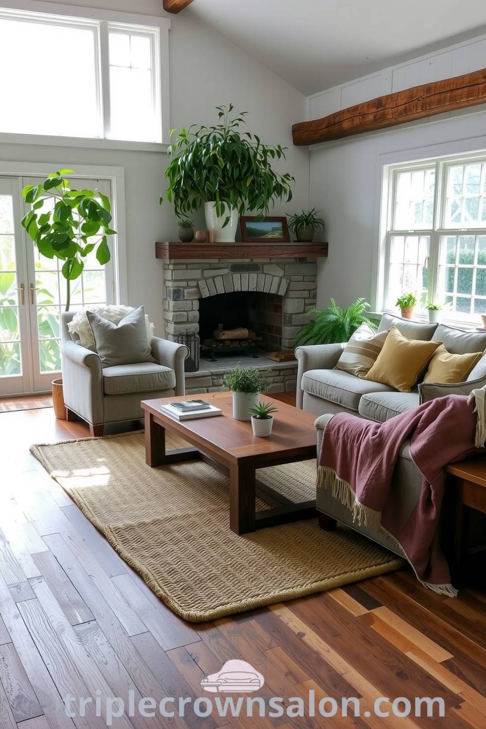 Cozy rustic living room bathed in natural light, featuring comfortable overstuffed sofas, a wooden coffee table, and a warm stone fireplace, enhanced by potted plants and a woven area rug, offering inspiring ideas for your home at fireplacesandwoodstoves.com.