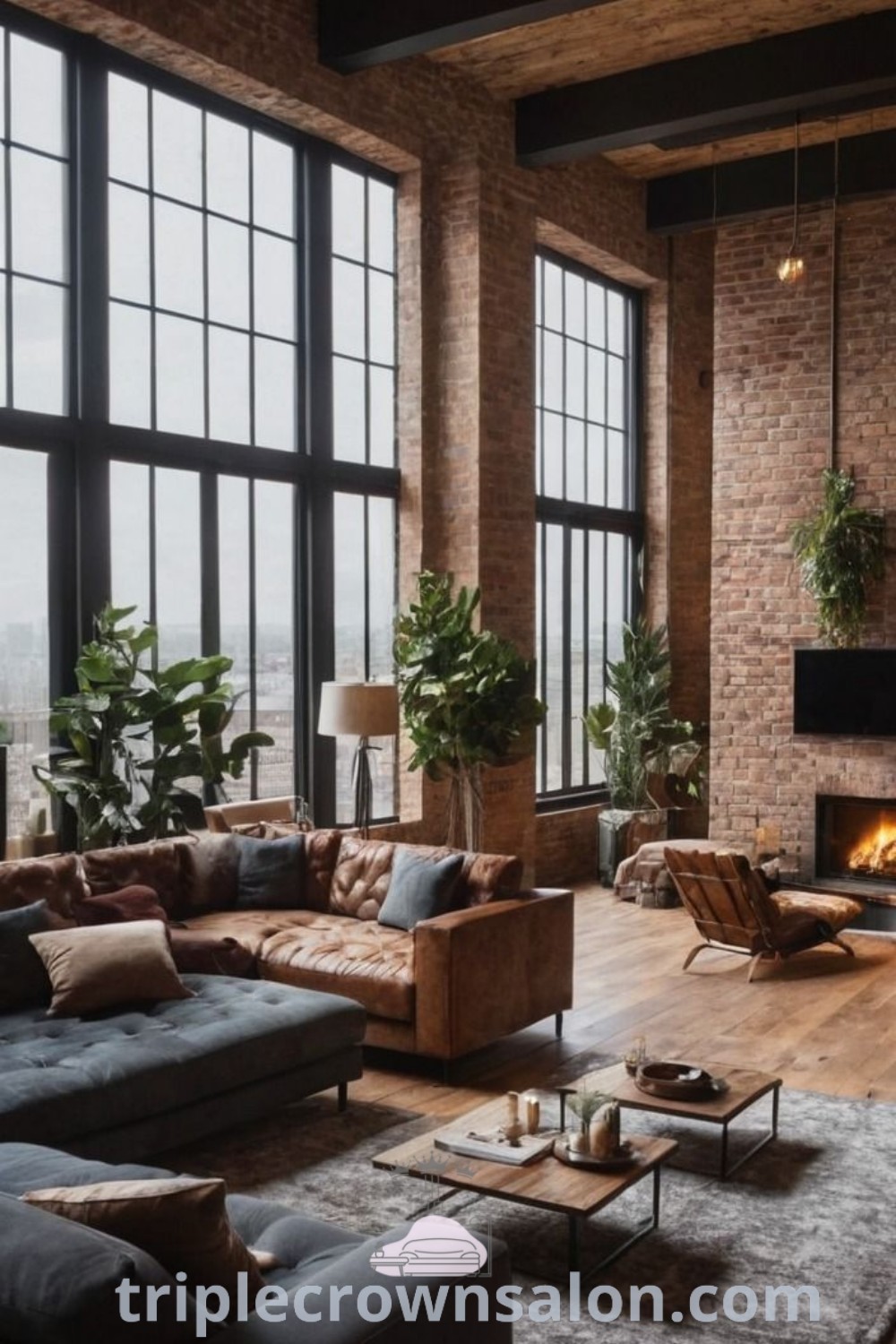 A natural industrial living room filled with stylish furniture, large windows, and a cozy fireplace. The decor represents industrial boho design and modern fireplace trends, providing cozy ideas and inspirations for your home. Explore more design ideas at triplecrownsalon.com.