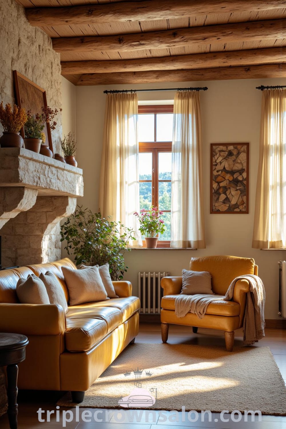 Rustic living room with sunlight filtering through sheer curtains, highlighting soft yellow tones, rough-hewn wooden furniture, a cozy leather sofa, and a stone fireplace; offering cozy decor inspirations and unique ideas for your home at fireplacesandwoodstoves.com.
