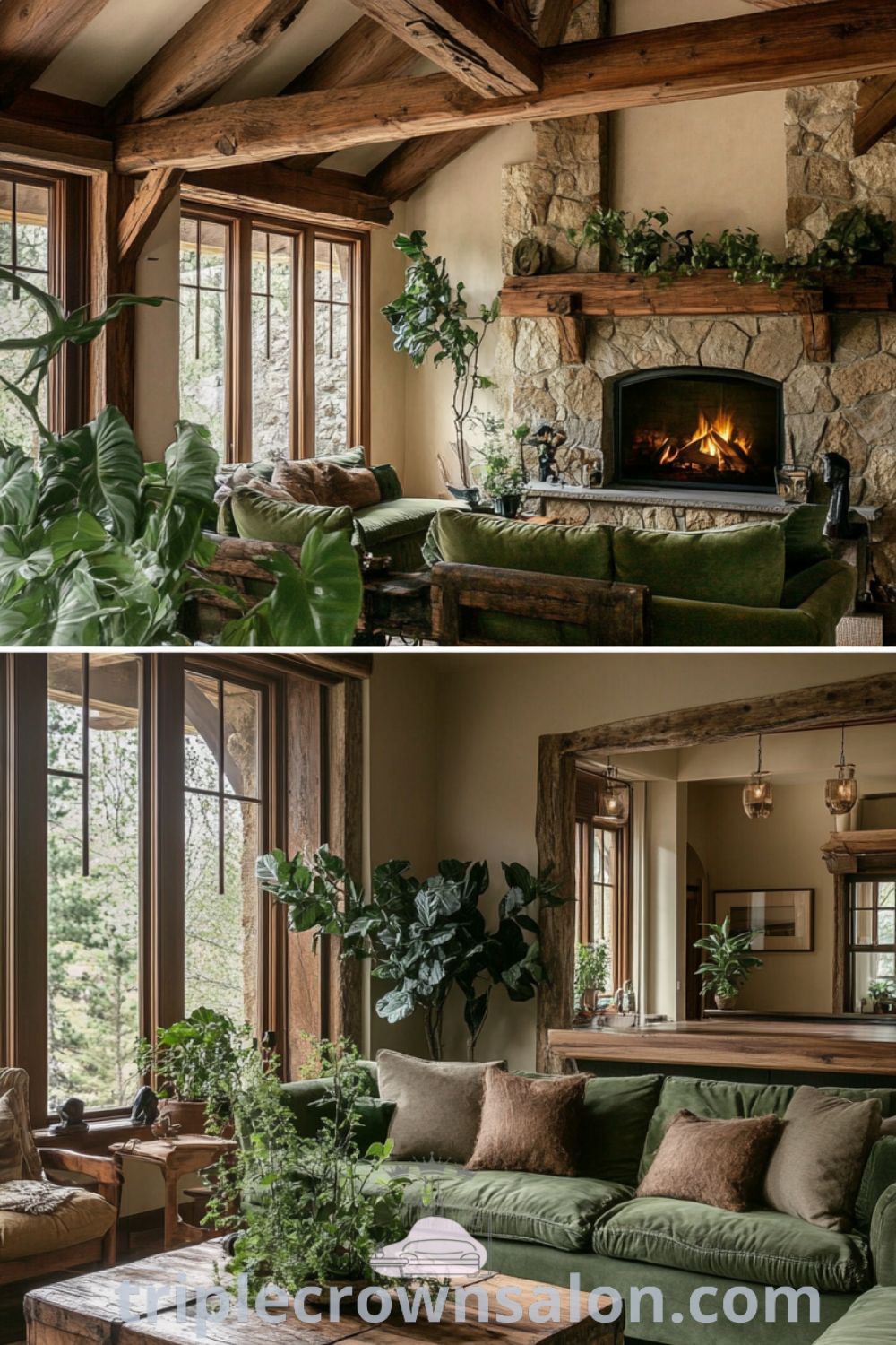 Cozy nature-inspired living room featuring warm wooden beams, a stone fireplace, muted green sofas, leafy plants, and a handmade reclaimed wood coffee table, creating a tranquil and inviting space for relaxation. Visit triplecrownsalon.com for more decor ideas.