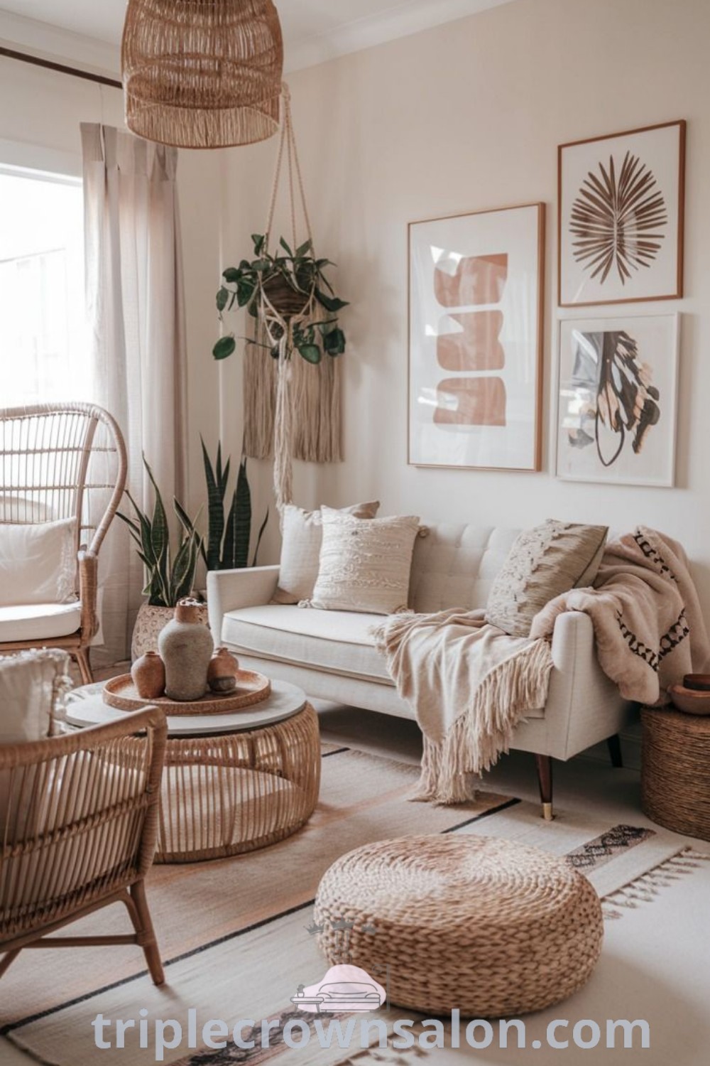 A stylish modern boho living room featuring a mid-century-inspired sofa, layered textures, rattan furniture, and hanging plants, providing inviting decor ideas for cozy spaces. This bohemian living room decor exemplifies a chic and comfortable aesthetic. Discover more design inspirations at wellnesswink.com.