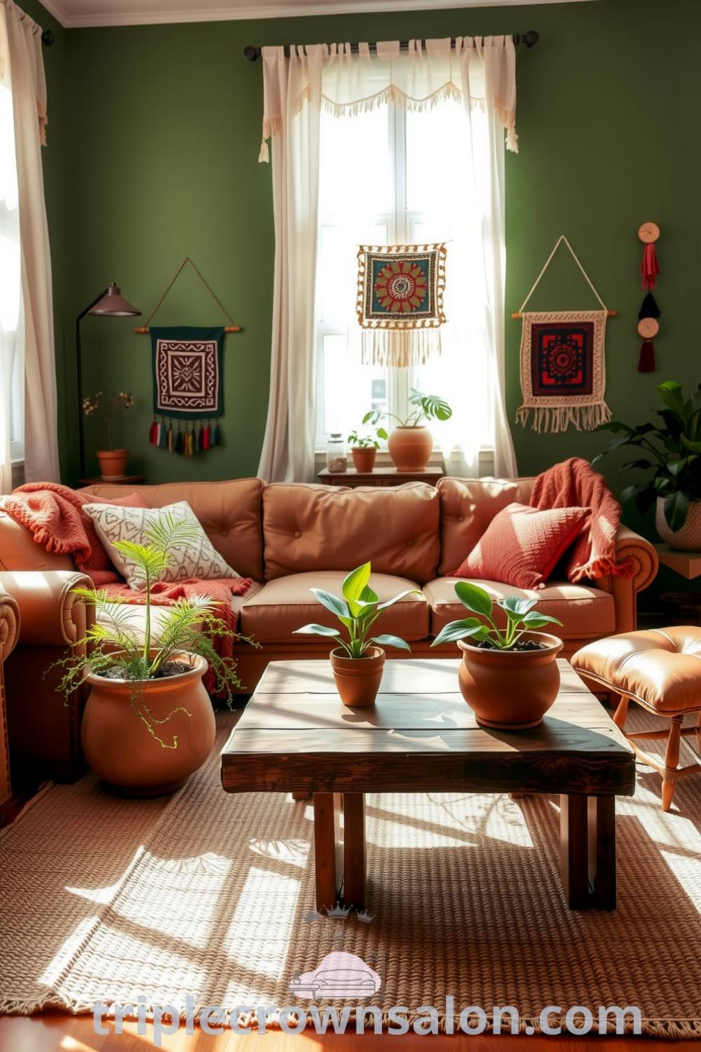 Boho living room with warm green tones, featuring a plush sofa with textured throws, vibrant cascading plants in terracotta pots, and colorful wall hangings, creating a cozy and inviting atmosphere with unique decor ideas for your home. Visit fireplacesandwoodstoves.com for more decor inspirations.