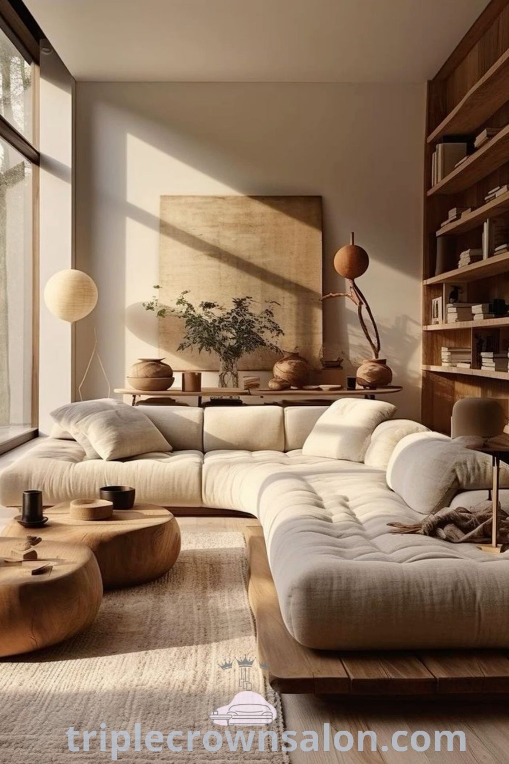 A Japandi living room filled with stylish furniture next to a large window and bookshelf, highlighting the cozy aesthetic and functional design trends. Discover interior design ideas and inspirations for a cozy home at triplecrownsalon.com.